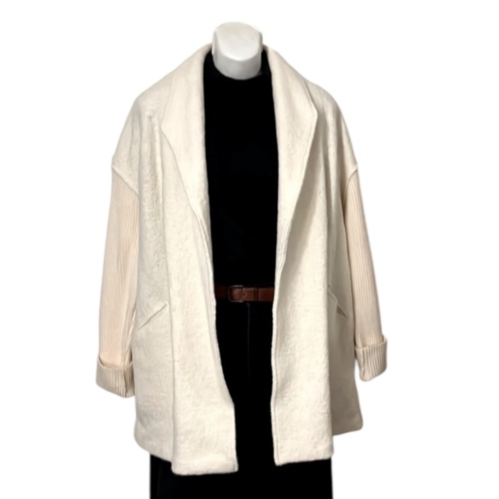 Cynthia Rowley Woman’s Cream Drop Shoulder Open Wool-blend Cardigan Knit Sleeves